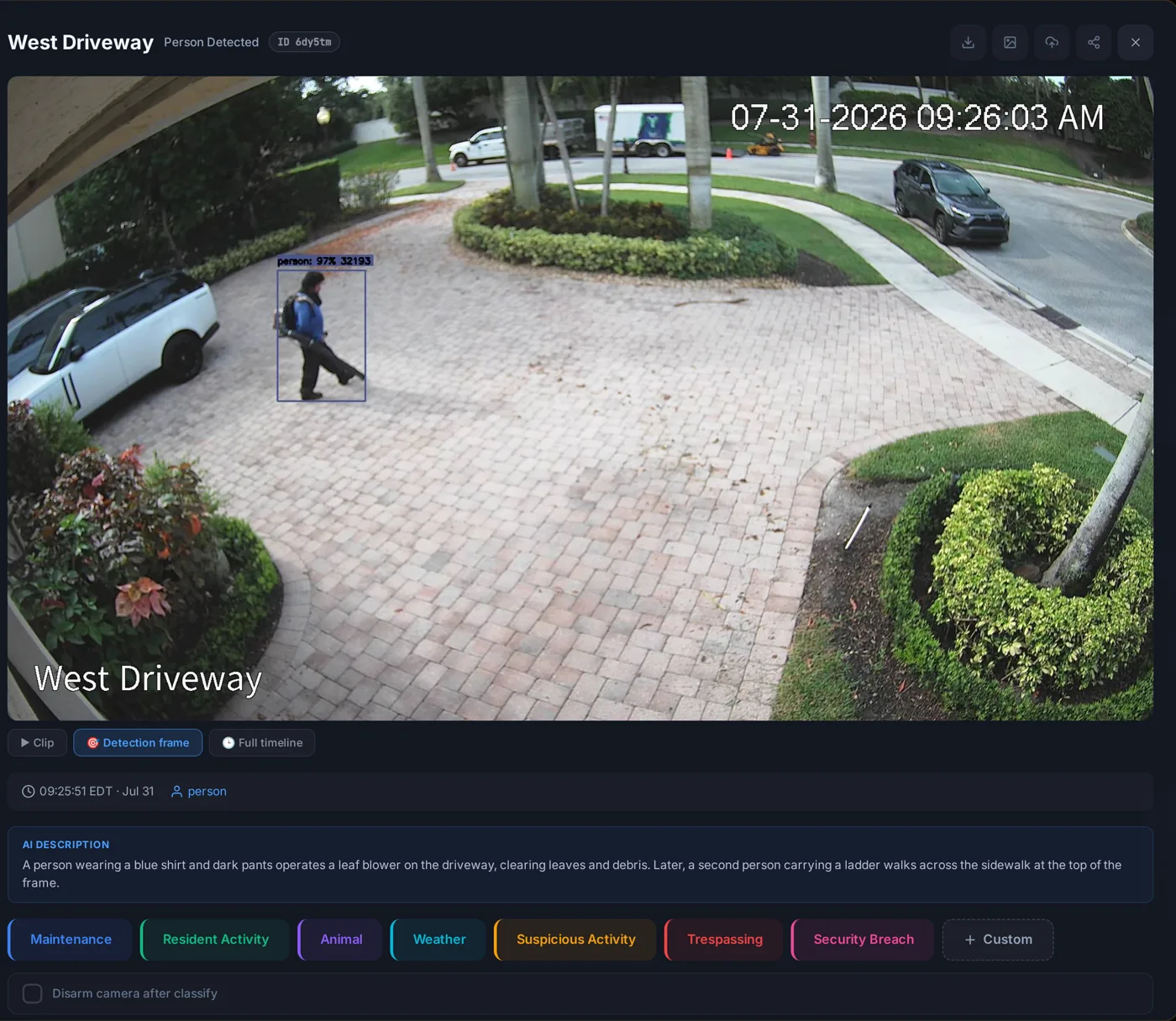 Event detail with AI description: a person operating a leaf blower on the driveway, identified as landscaping work, with one-tap classification chips