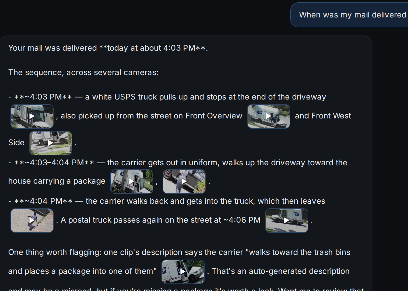 Iris assistant answering 'When was my mail delivered today?' — delivered at about 4:03 PM, with the truck's arrival and the carrier's walk shown as clips
