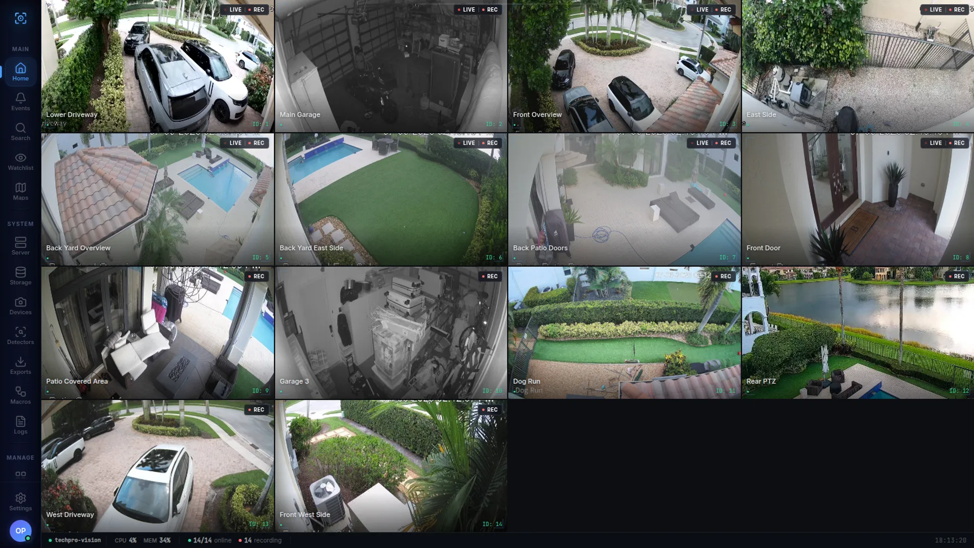 TechPro Vision client app camera wall with LIVE and REC badges on every tile