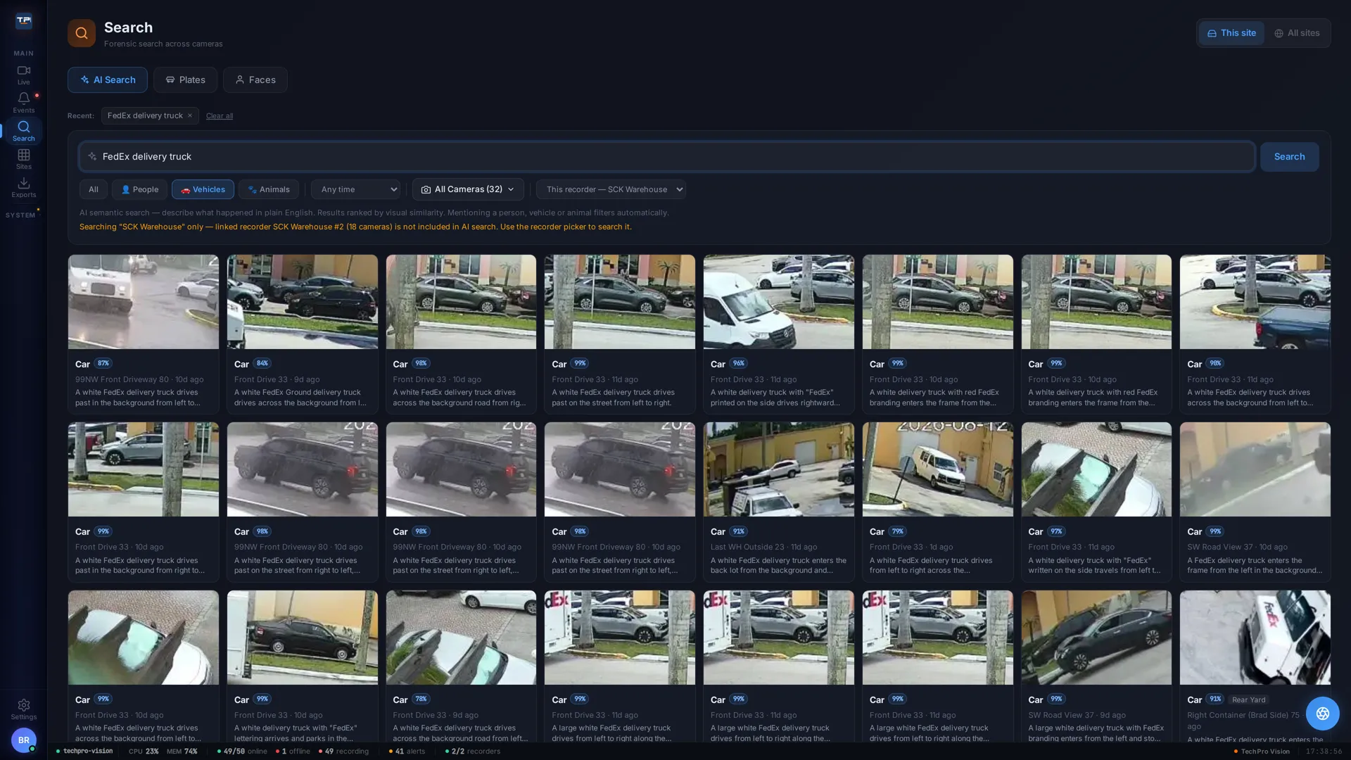 AI search for 'FedEx delivery truck' on a 32-camera commercial warehouse recorder, returning FedEx truck sightings across multiple cameras with descriptions