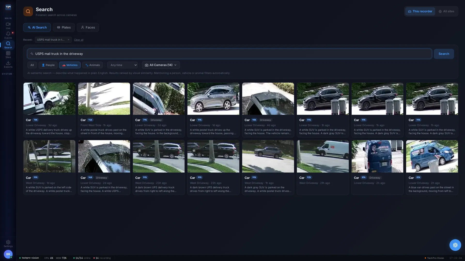 AI semantic search for 'USPS mail truck in the driveway' — the top results are the actual USPS truck visits, each with a written description